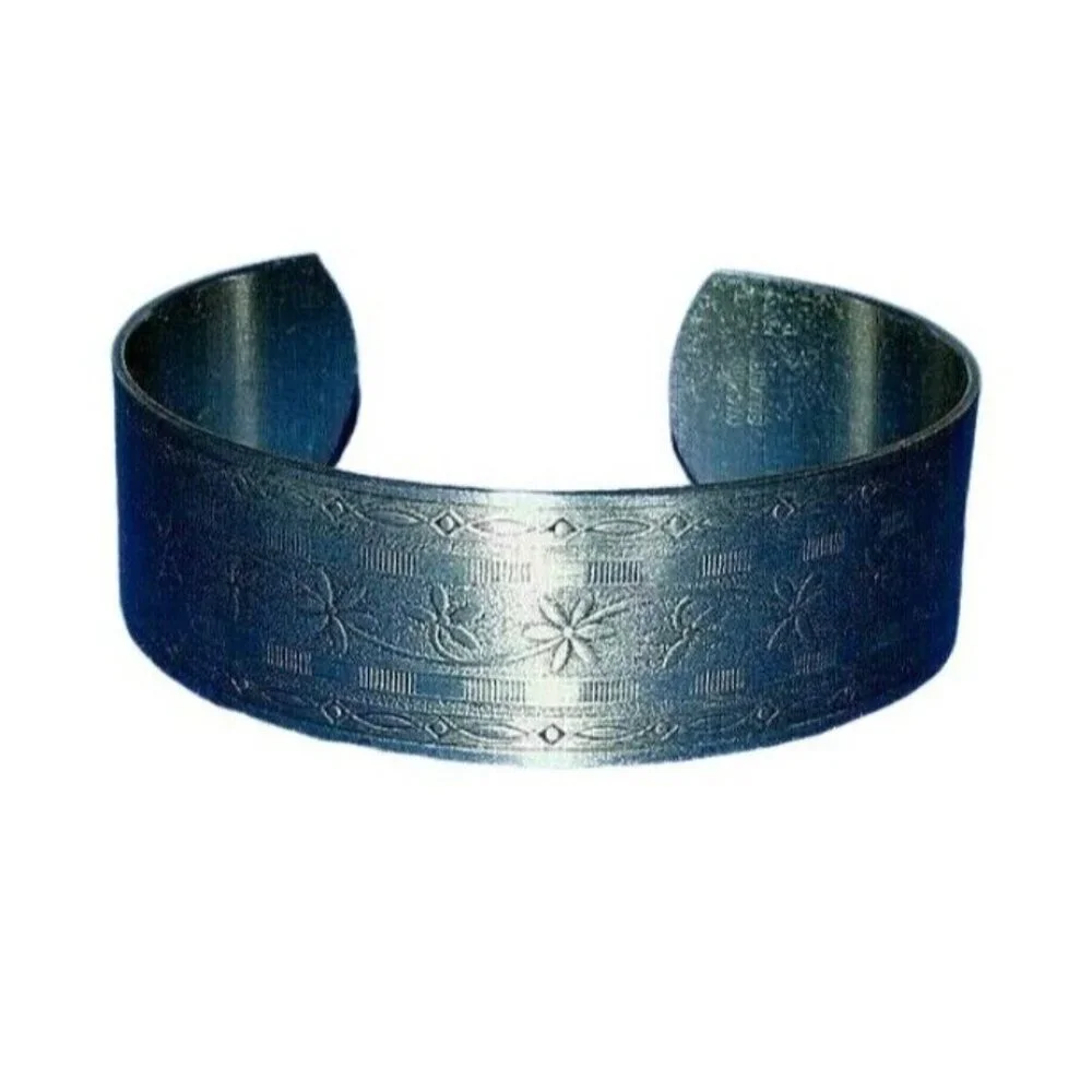 Vintage Nickel Silver Embossed Floral Ethnic BOHO Southwestern Cuff Bracelet